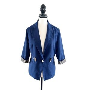 Attitudes Navy Sailor Blazer with Striped Cuffs Size Medium 3/4 Sleeves